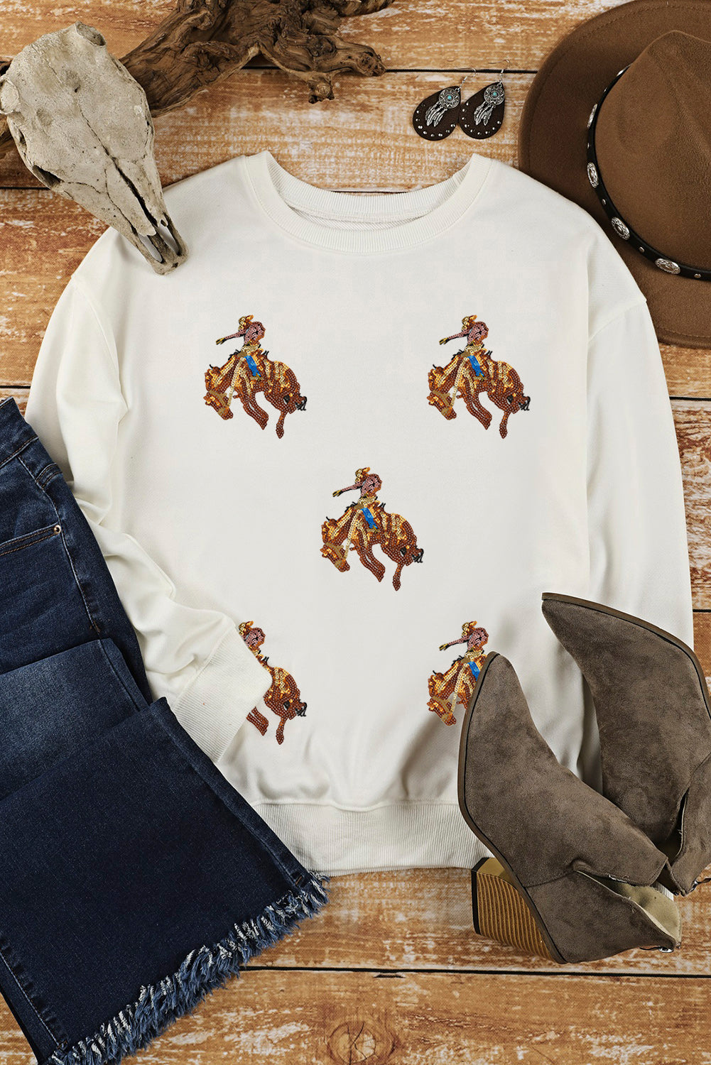 White Sequin Graphic Drop Shoulder Sweatshirt