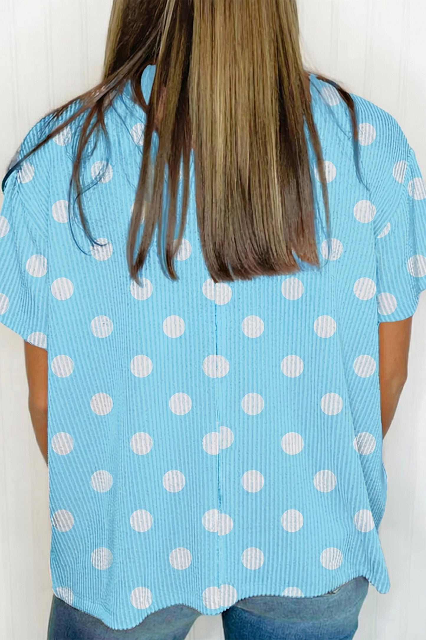 Polka Dot Round Neck Drop Shoulder Patch Pocket Jacquard Texture Top