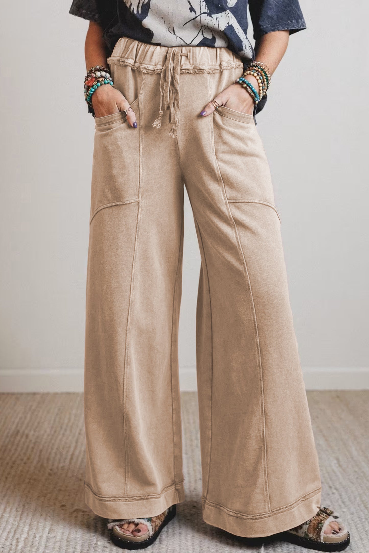 Ashleigh Blue Mineral Wash Drawstring Retro High Waist Wide Leg Western Pants
