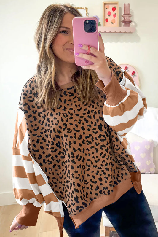 Khaki Striped Leopard Colorblock Side Slits Sweatshirt