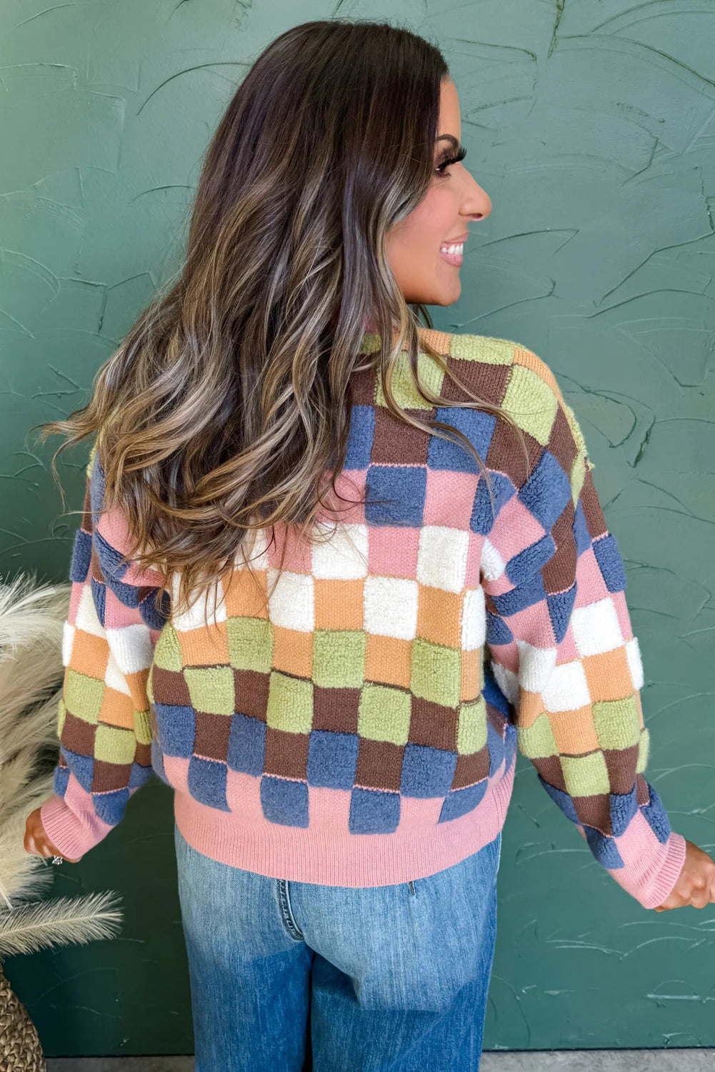 Multicolour Checkered Pattern Button Front Knit Cardigan