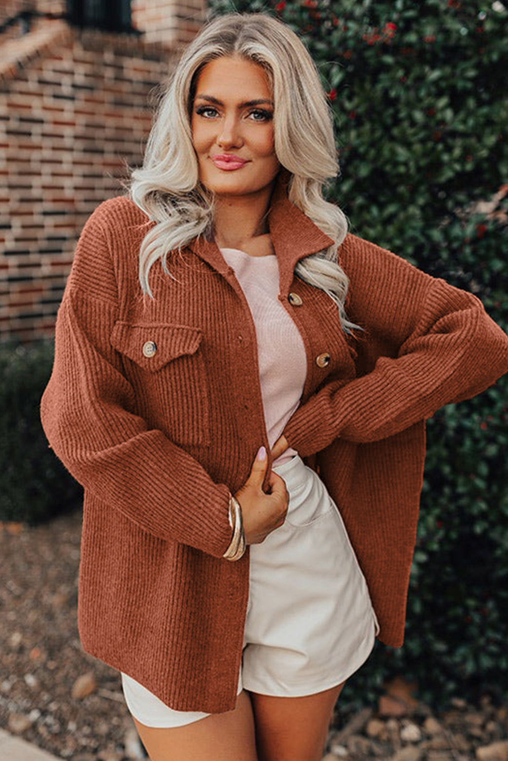 Red Sandalwood Ribbed Knit Buttons Front Flap Pocket Casual Shacket