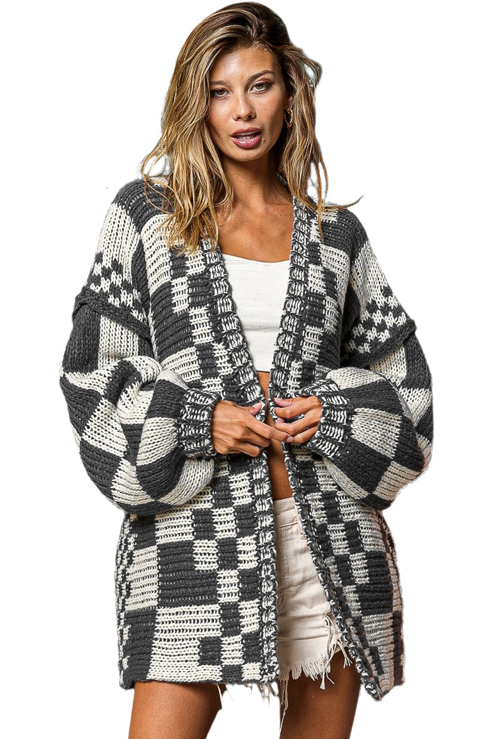 Smoke Gray Colorblock Checked Open Front Knitted Cardigan