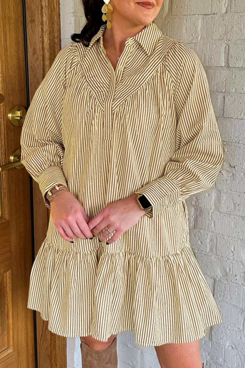 Brown Striped Shirt Collar Ruffle Hem Long Sleeve Dress