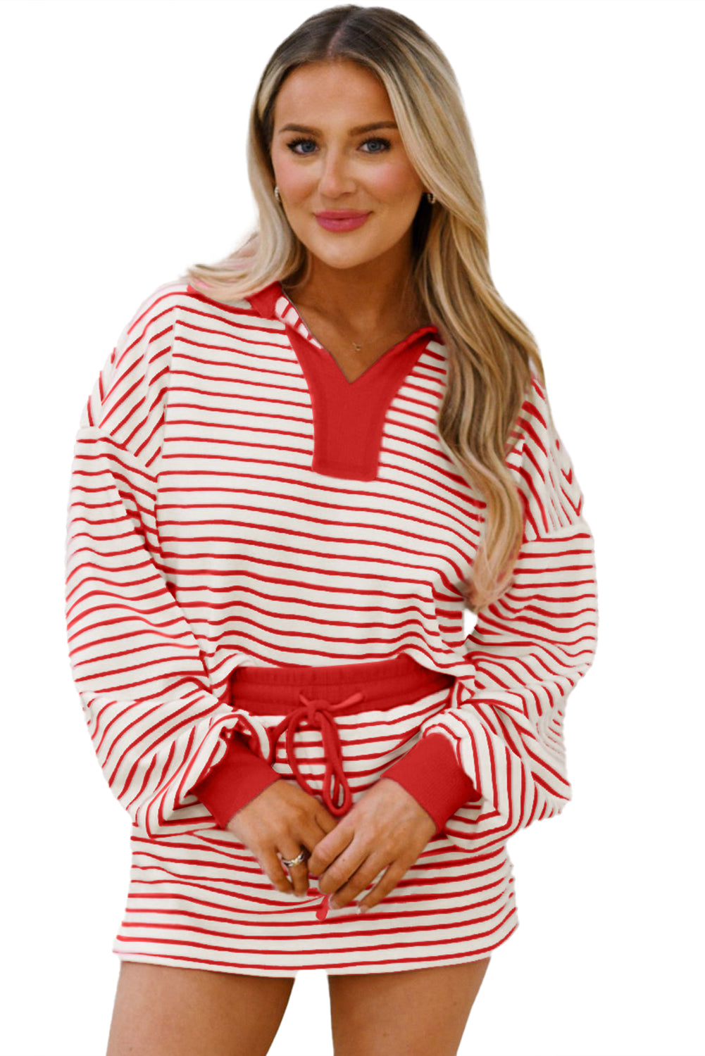 Red Stripe Collared V Neck Drop Shoulder Pullover and Skirt Set