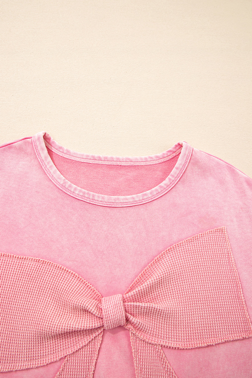 Bright Pink Mineral Wash Waffle Bow Patched Pullover Sweatshirt