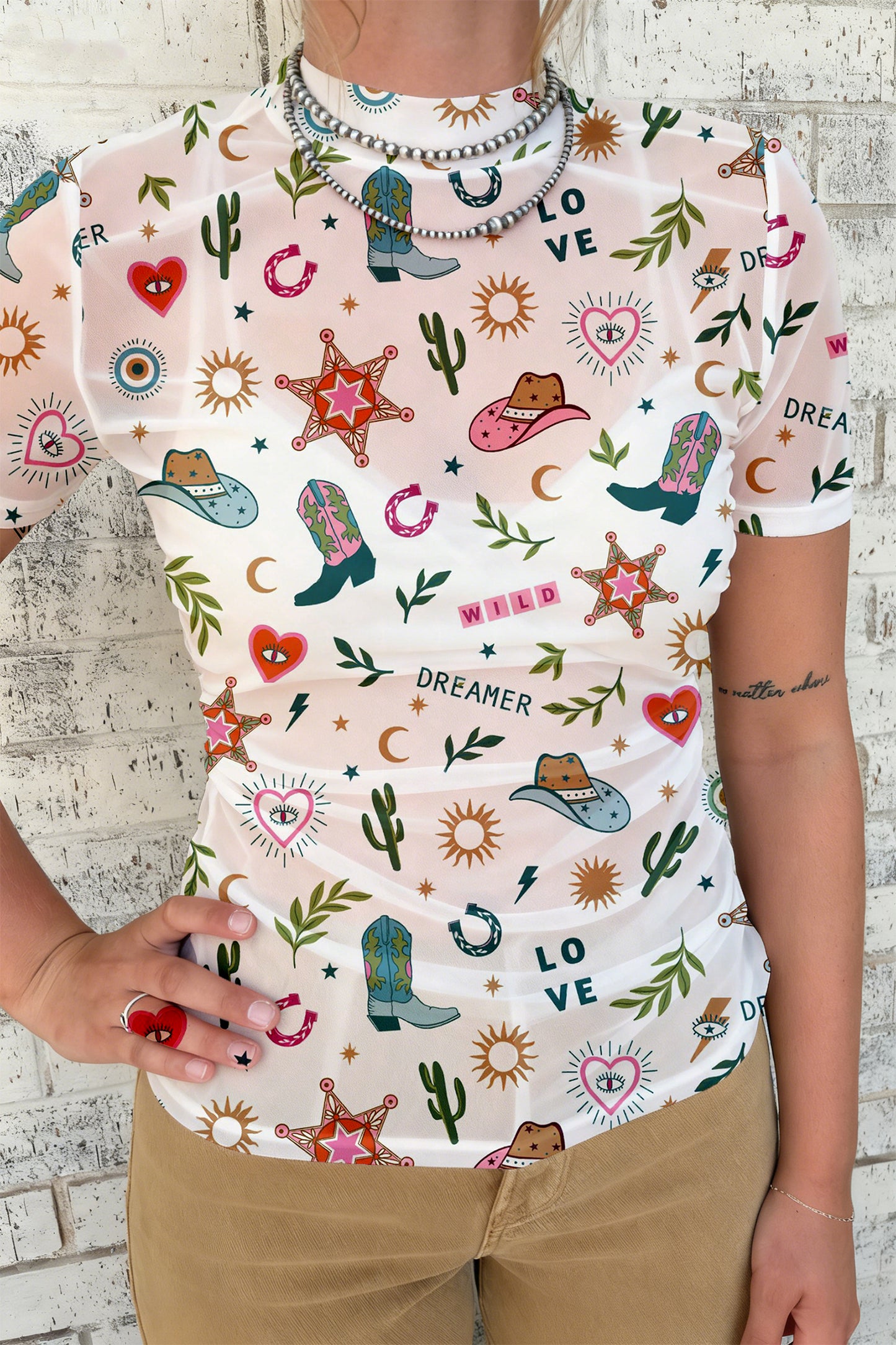 White LOVE WILD DREAMER Western Print Sheer Mesh Top