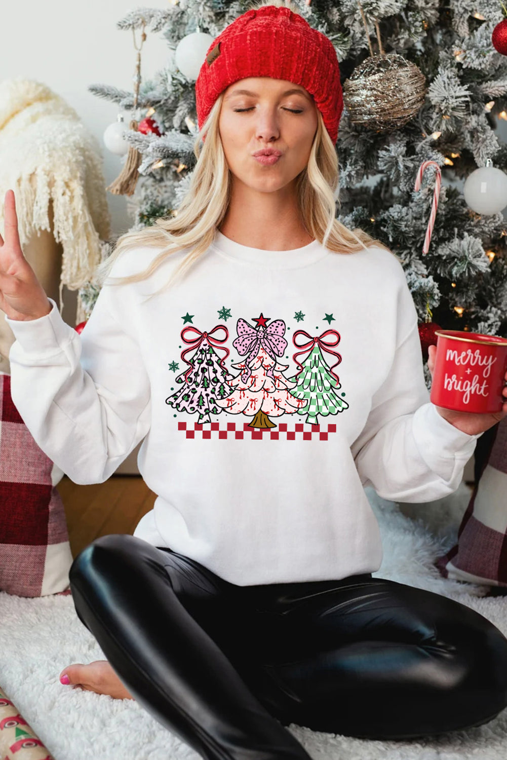White Christmas Tree Graphic Heat Transfer Printing Holiday Sweatshirt