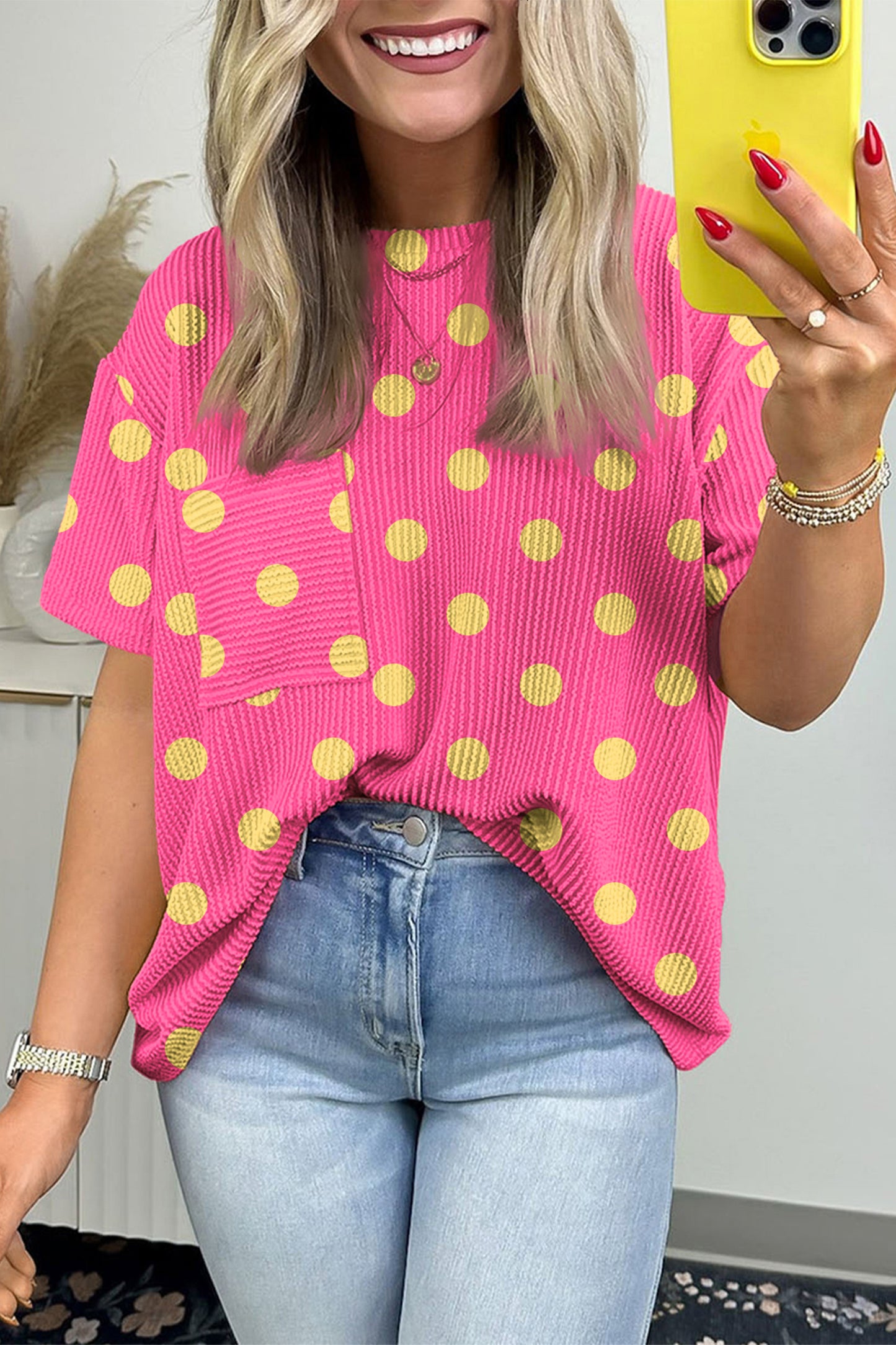 Polka Dot Round Neck Drop Shoulder Patch Pocket Jacquard Texture Top