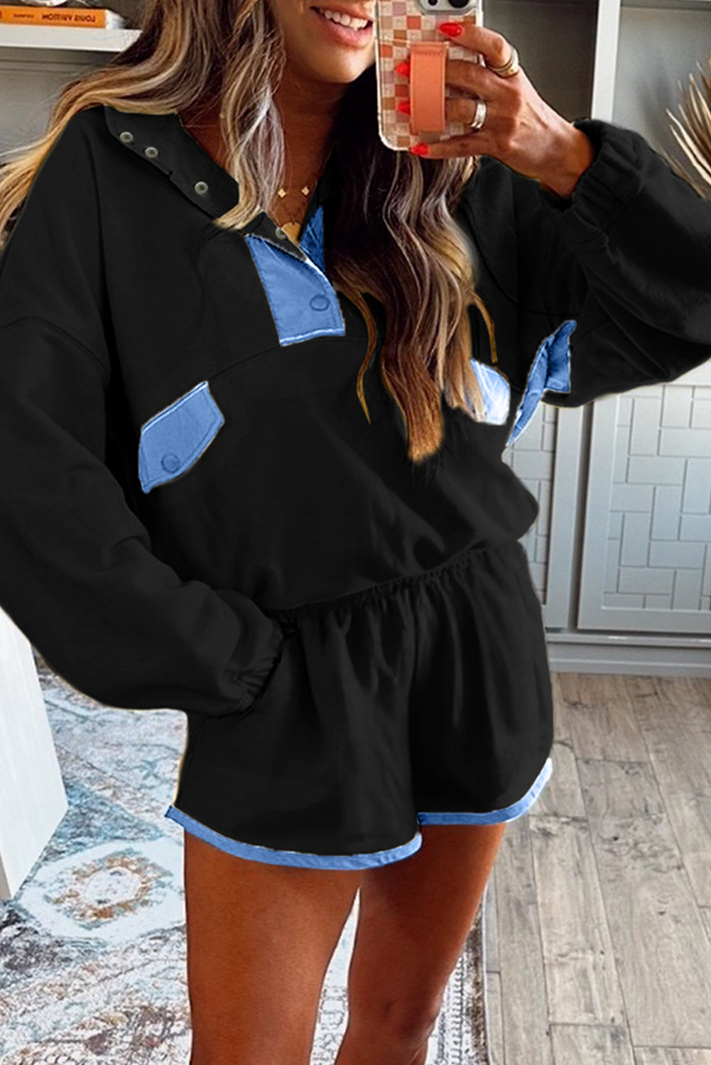 Red Dahlia Colorblock Patchwork Half Button Pullover and Shorts Outfit