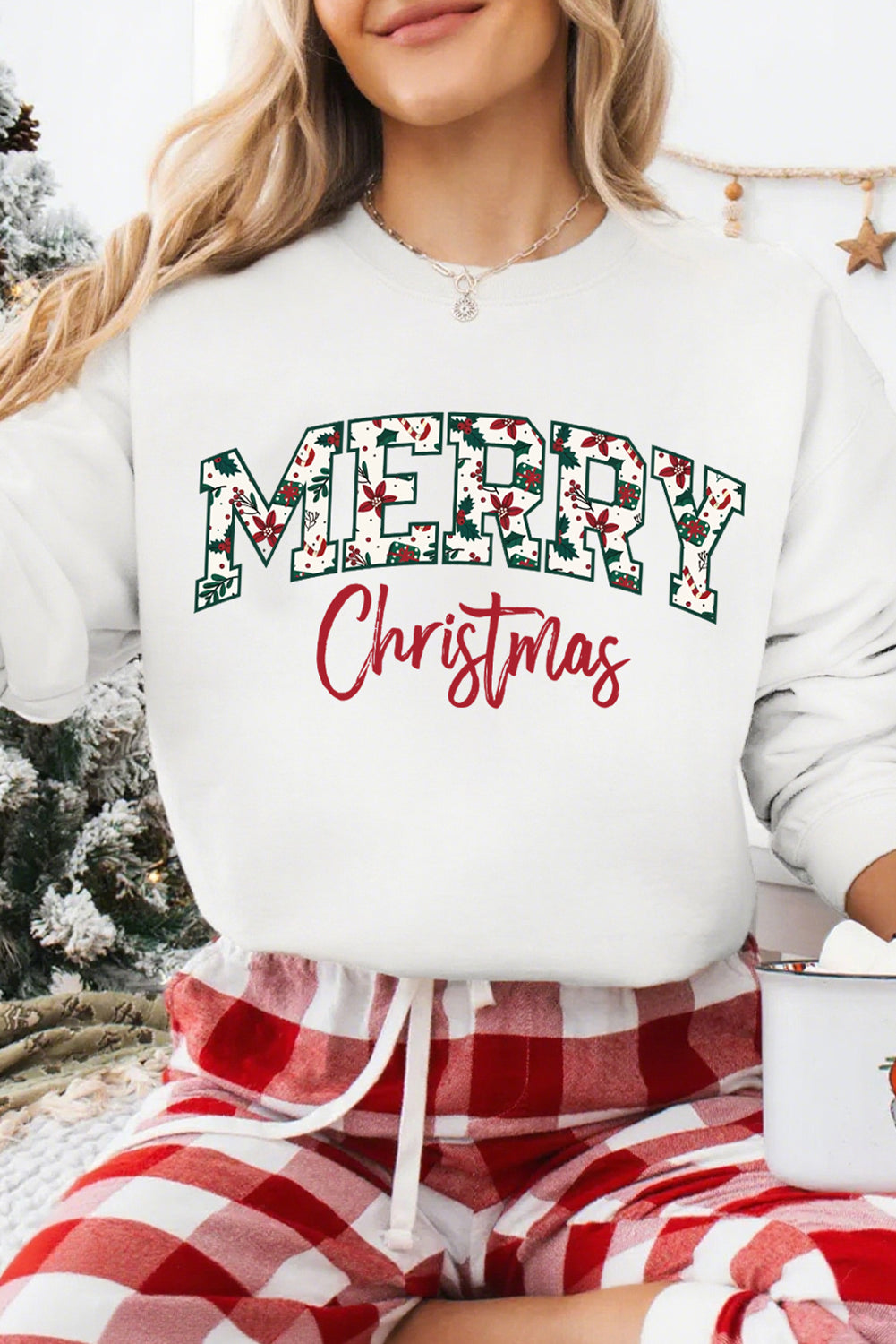 White Merry Christmas Graphic Heat Transfer Printing Cotton Blend Sweatshirt