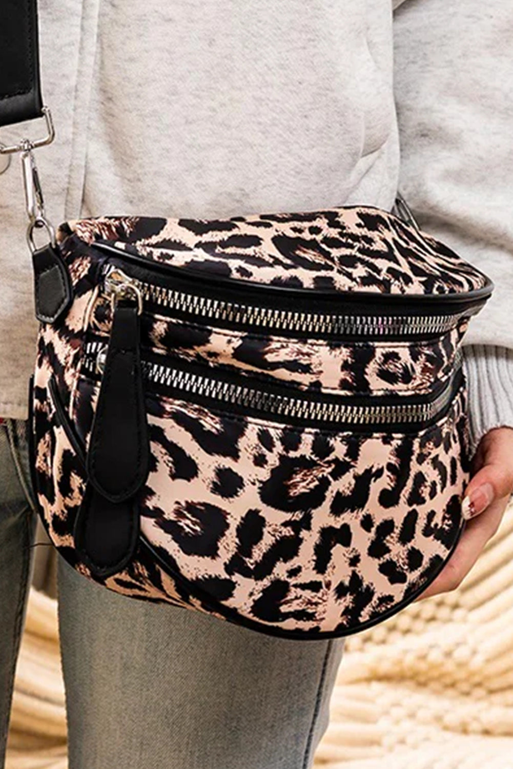 Coffee Leopard Print Double Zipper Crossbody Bag