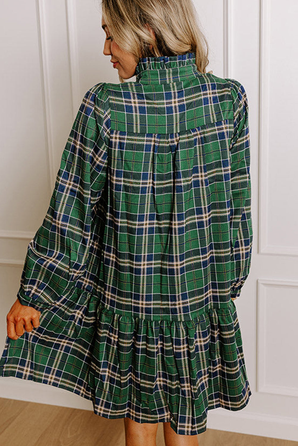 Green Plaid Print Frill Neck Long Sleeve Mini Dress