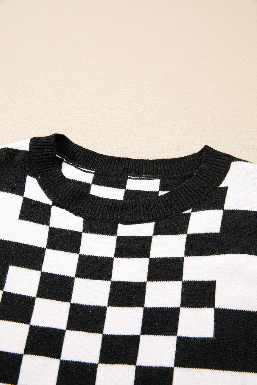 Brown Checkered Drop Shoulder Round Neck Sweater