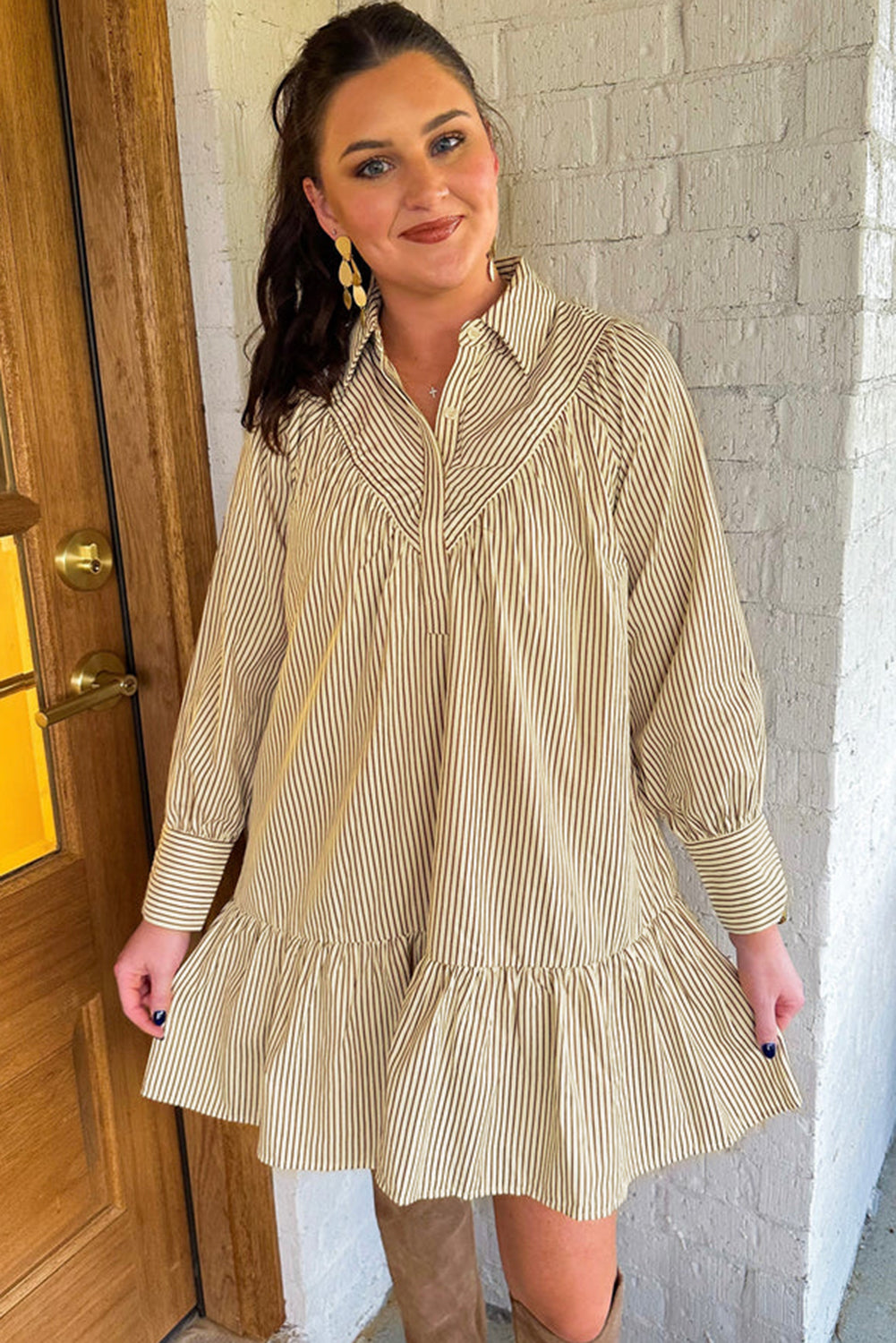Brown Striped Shirt Collar Ruffle Hem Long Sleeve Dress