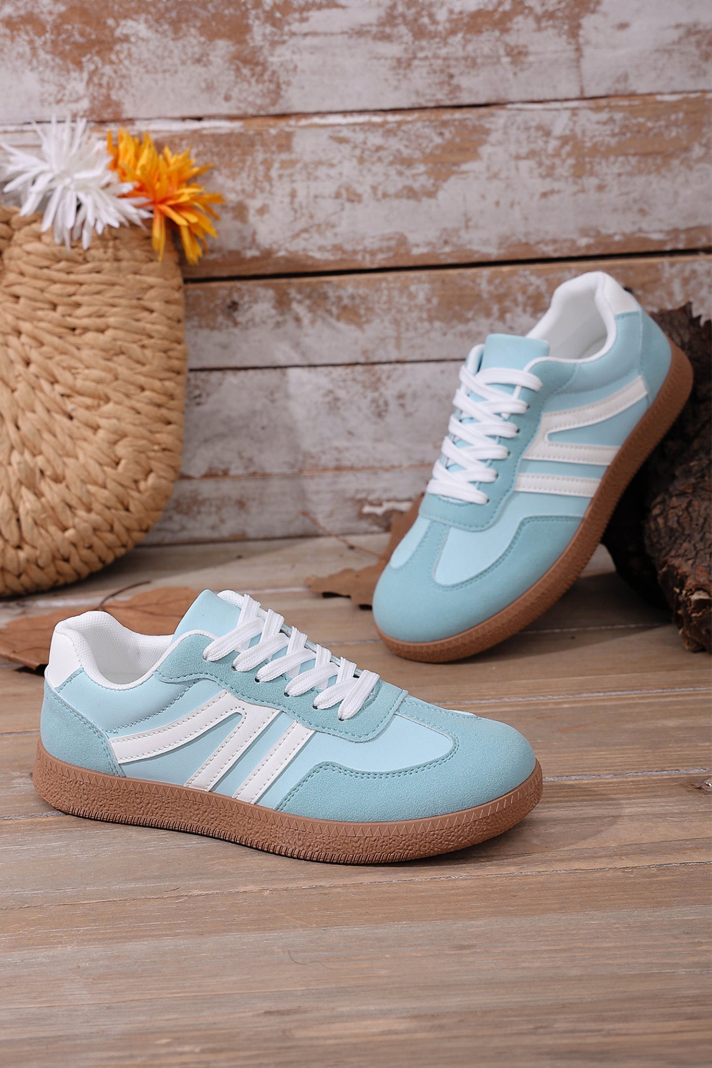 Dusk Blue Faux Suede PU Leather Color Block Patchwork Lace-up Shoes