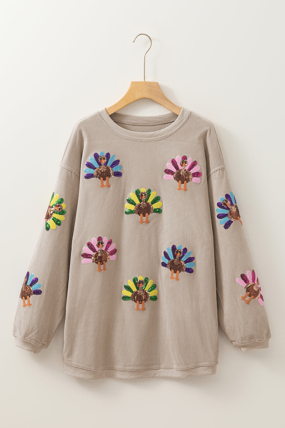Smoke Gray Sequin Turkey Graphic Corded Baggy Sweatshirt