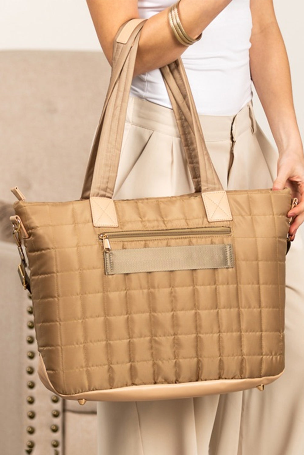 Camel Quilted Patchwork Large Tote Bag and Clutch 2pcs Set