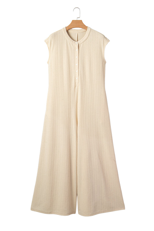 Jet Stream Half Buttons Ribbed Knit Wide Leg Jumpsuit