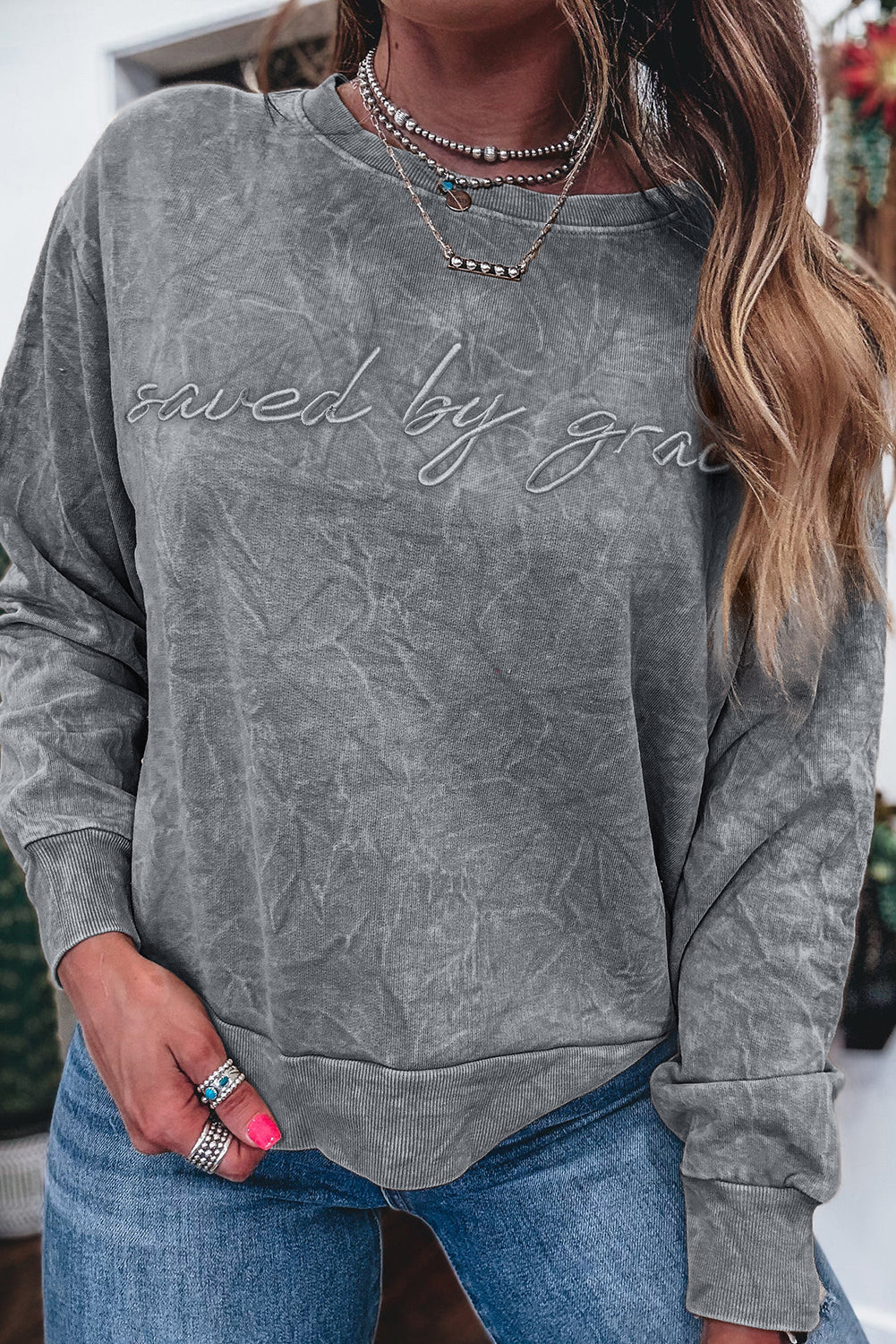 Saved by grace Letter Embroidery Mineral Wash Loose Sweatshirt