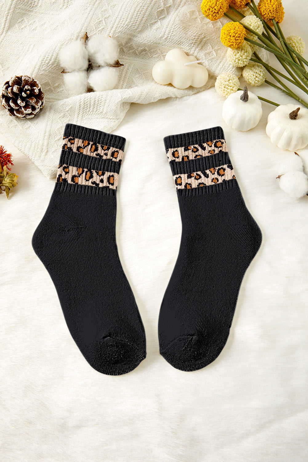 White Leopard Double Stripe Crew Socks