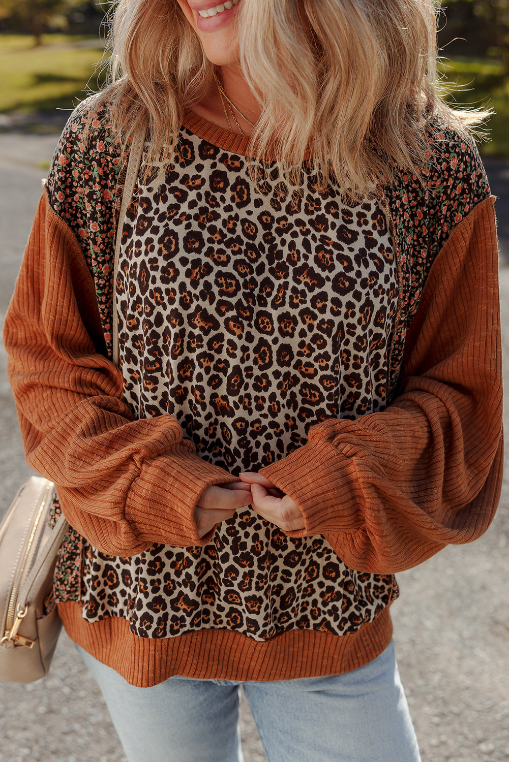 Brown Leopard Floral Print Ribbed Patchwork Puff Sleeve Loose Pullover