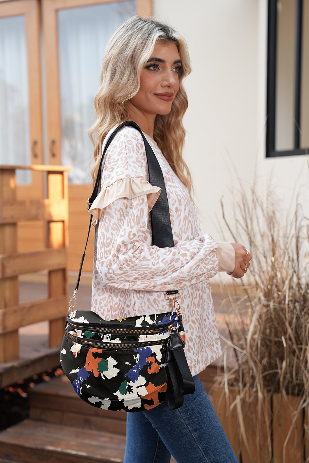 Coffee Leopard Print Double Zipper Crossbody Bag