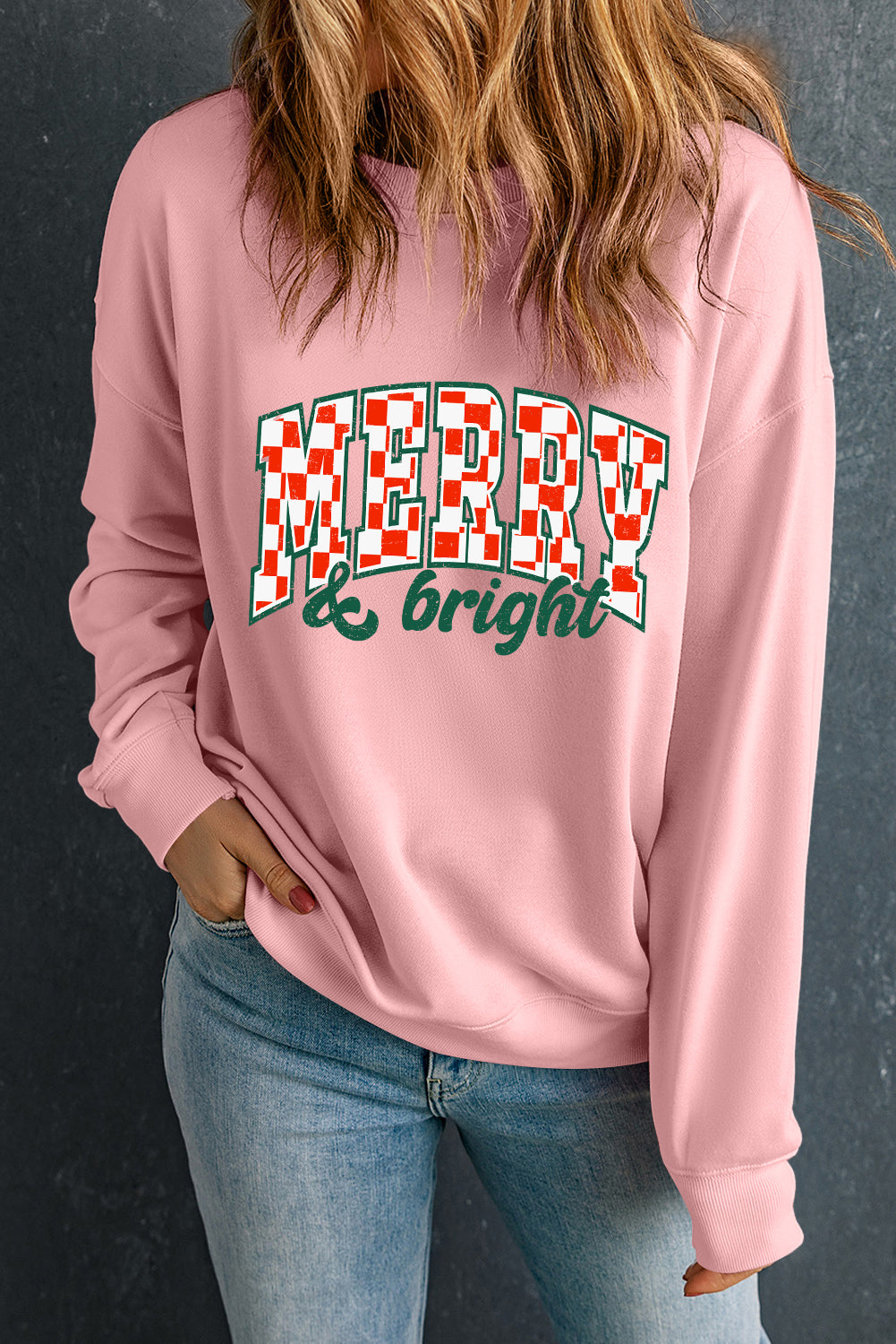 Pink MERRY & Bright Heat Transfer Printing Holiday Pullover Sweatshirt