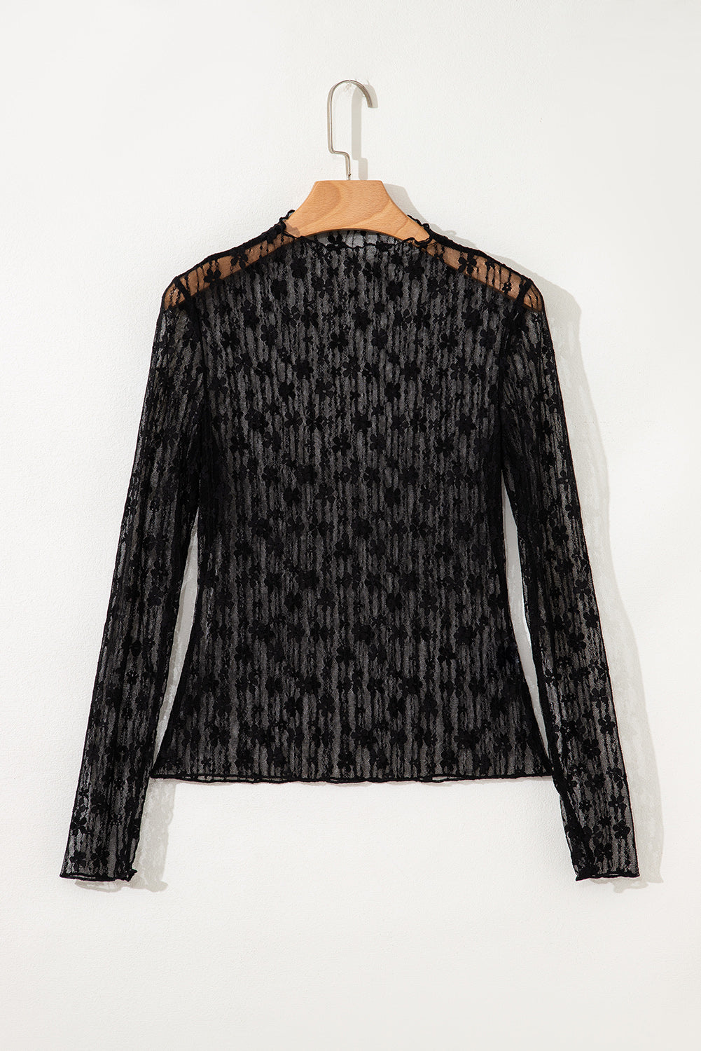 Black Sheer Floral Lace Long Sleeve Slim Fit Top