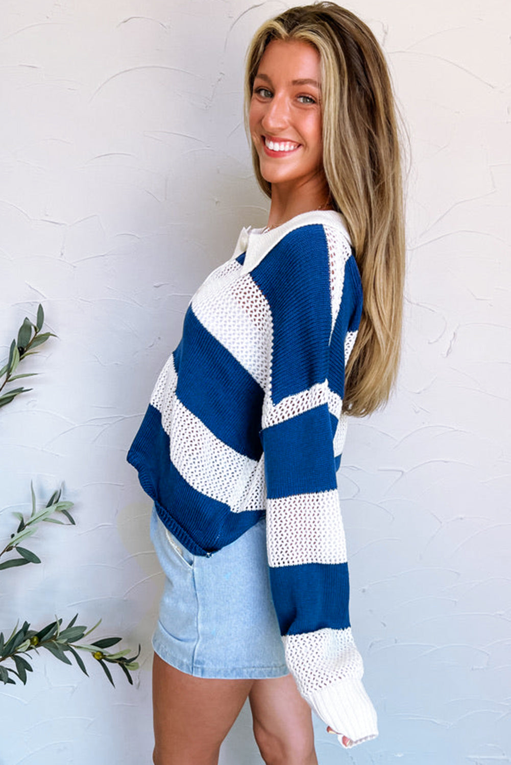 Blue Stripe Colorblock Polo Collar Eyelet Crochet Knit Sweater