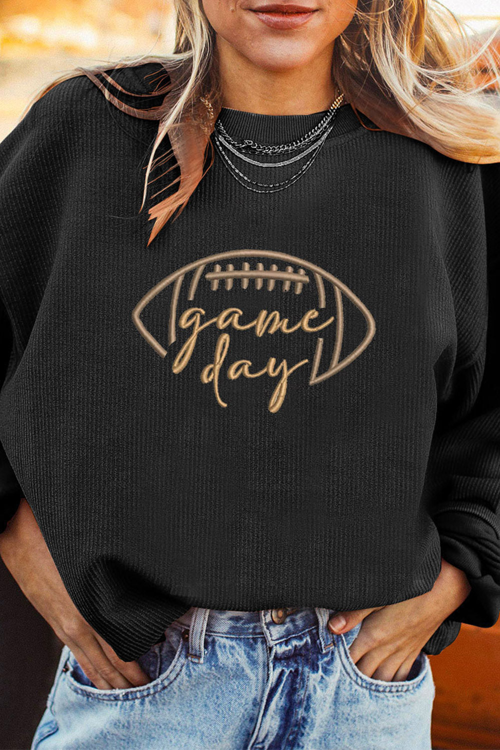 Dark Blue Football Graphic Drop Shoulder Game Day Corded Sweatshirt