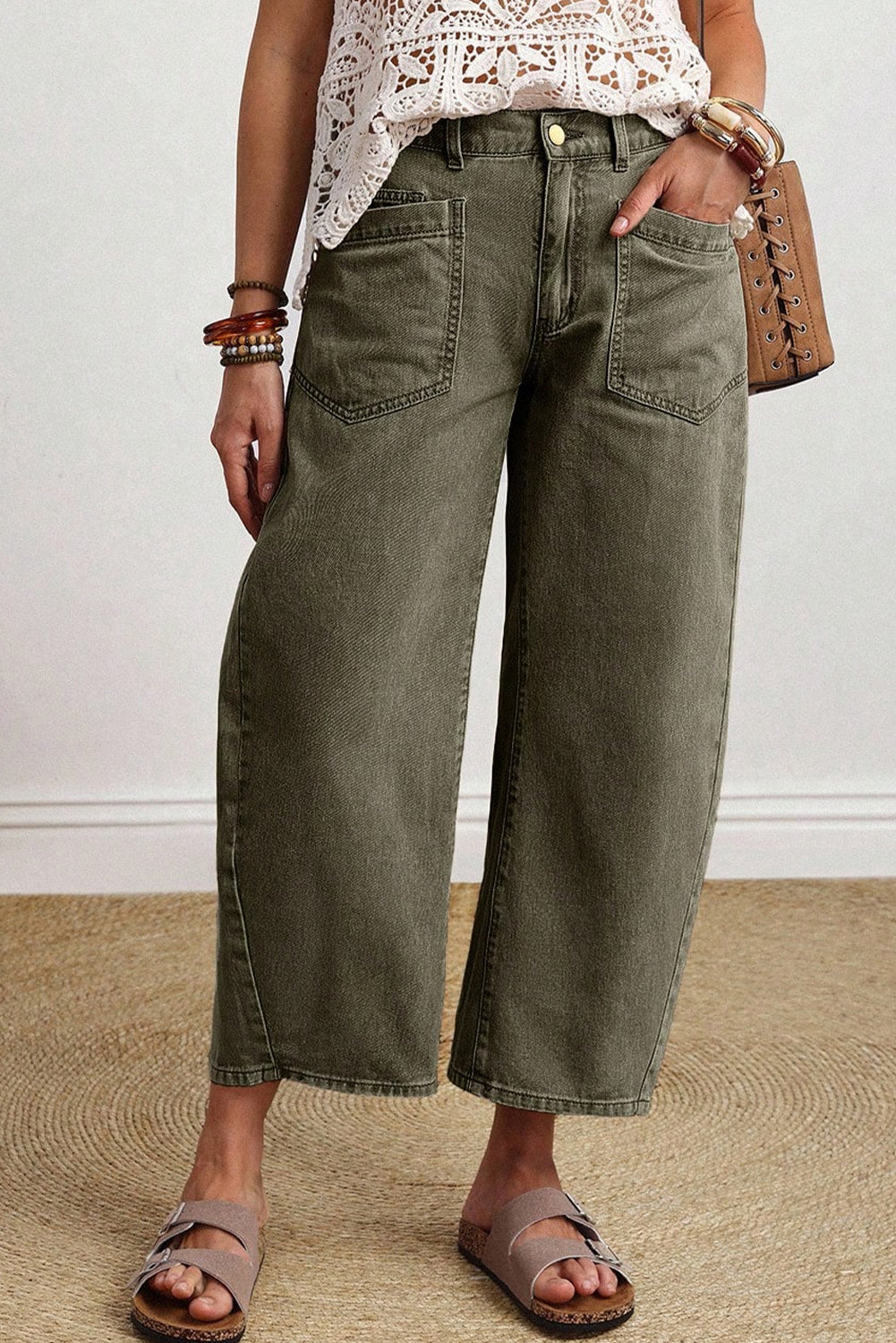 Beau Blue Solid Color Square Patch Pocket Ankle-length Barrel Jeans