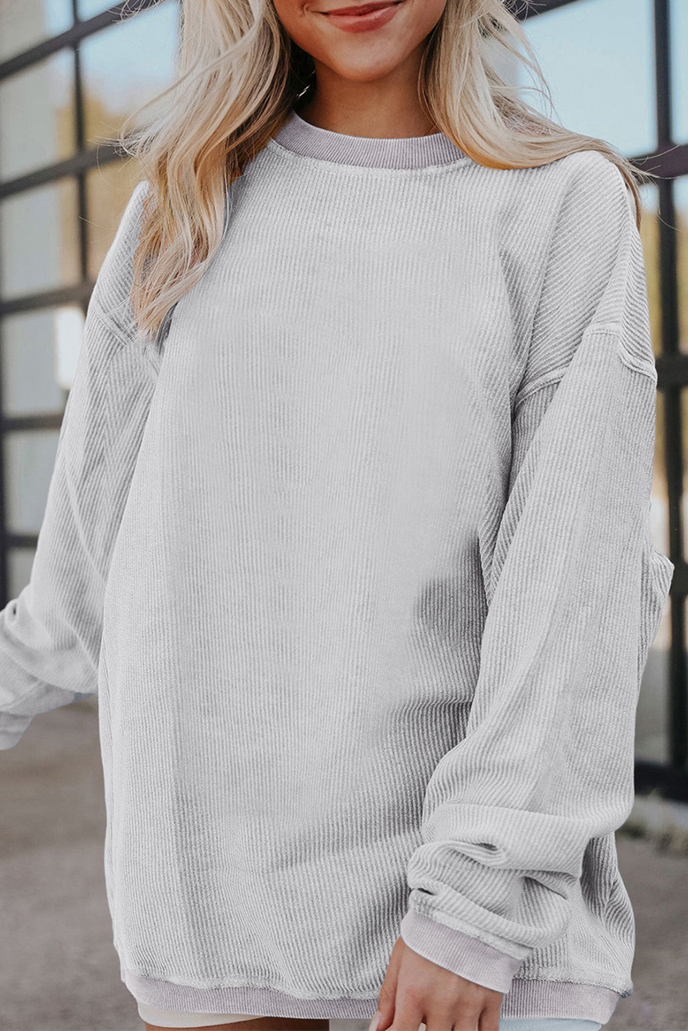 Light Pink Plain Drop Sleeve Crinkle Rib Oversized Sweatshirt