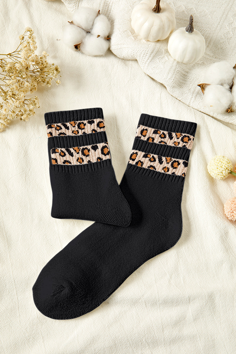 White Leopard Double Stripe Crew Socks