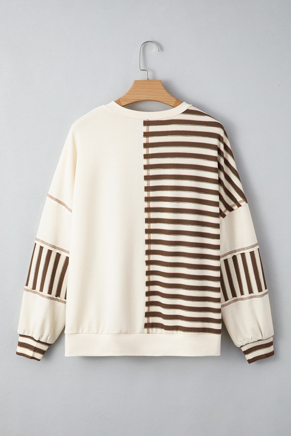Khaki Striped Patchwork Oversized Pullover Top