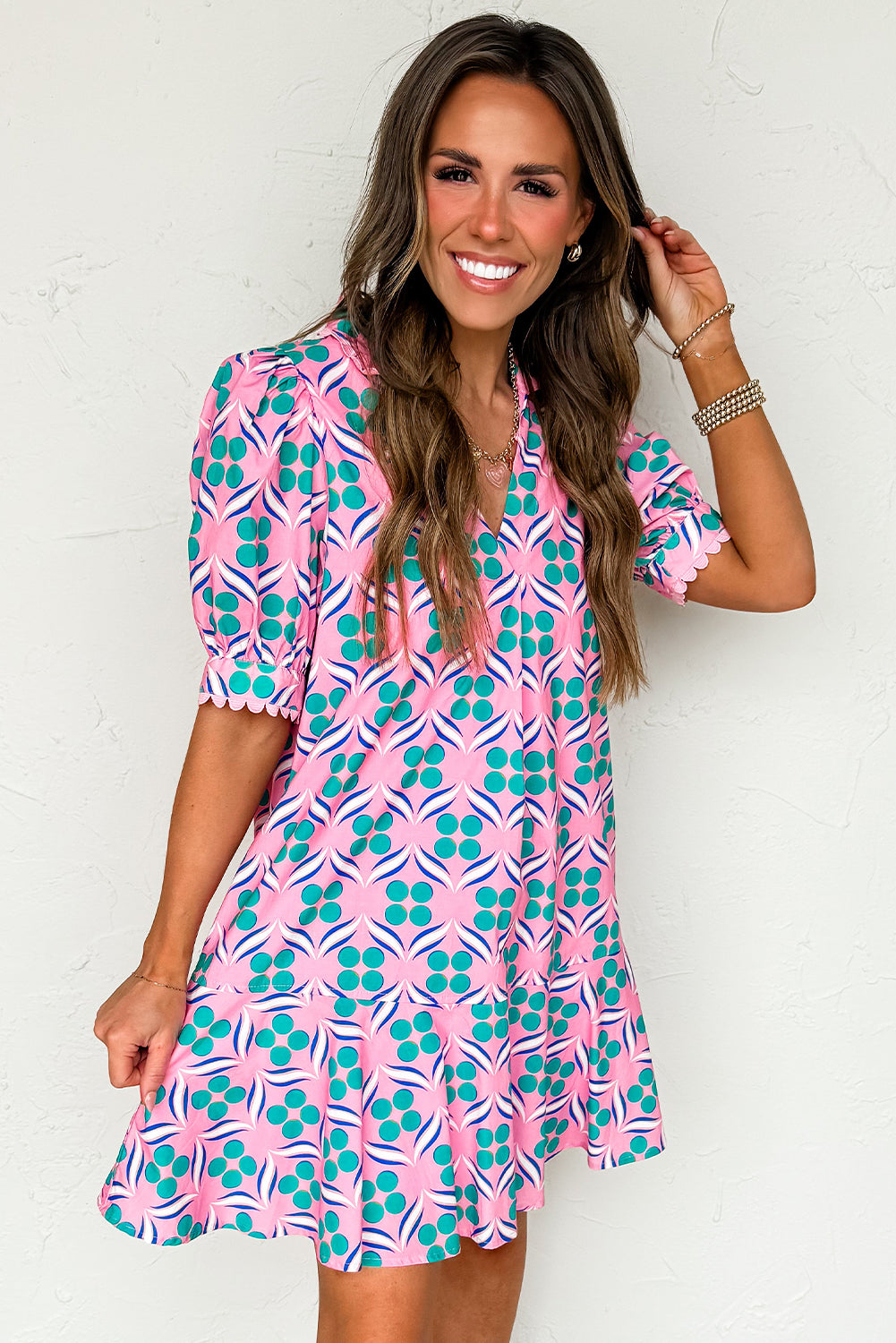 Pink Geometric Print V-Neck Ricrac Trim Mini Dress