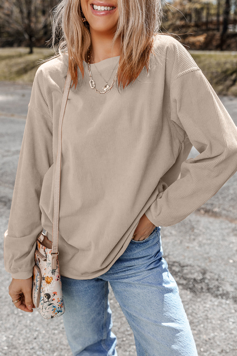 Light Pink Plain Drop Sleeve Crinkle Rib Oversized Sweatshirt