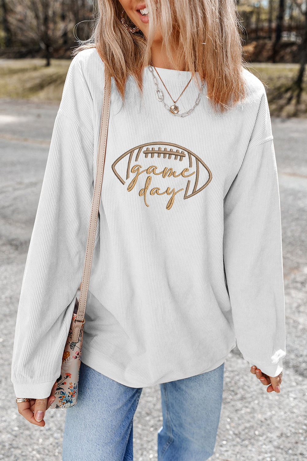 Dark Blue Football Graphic Drop Shoulder Game Day Corded Sweatshirt