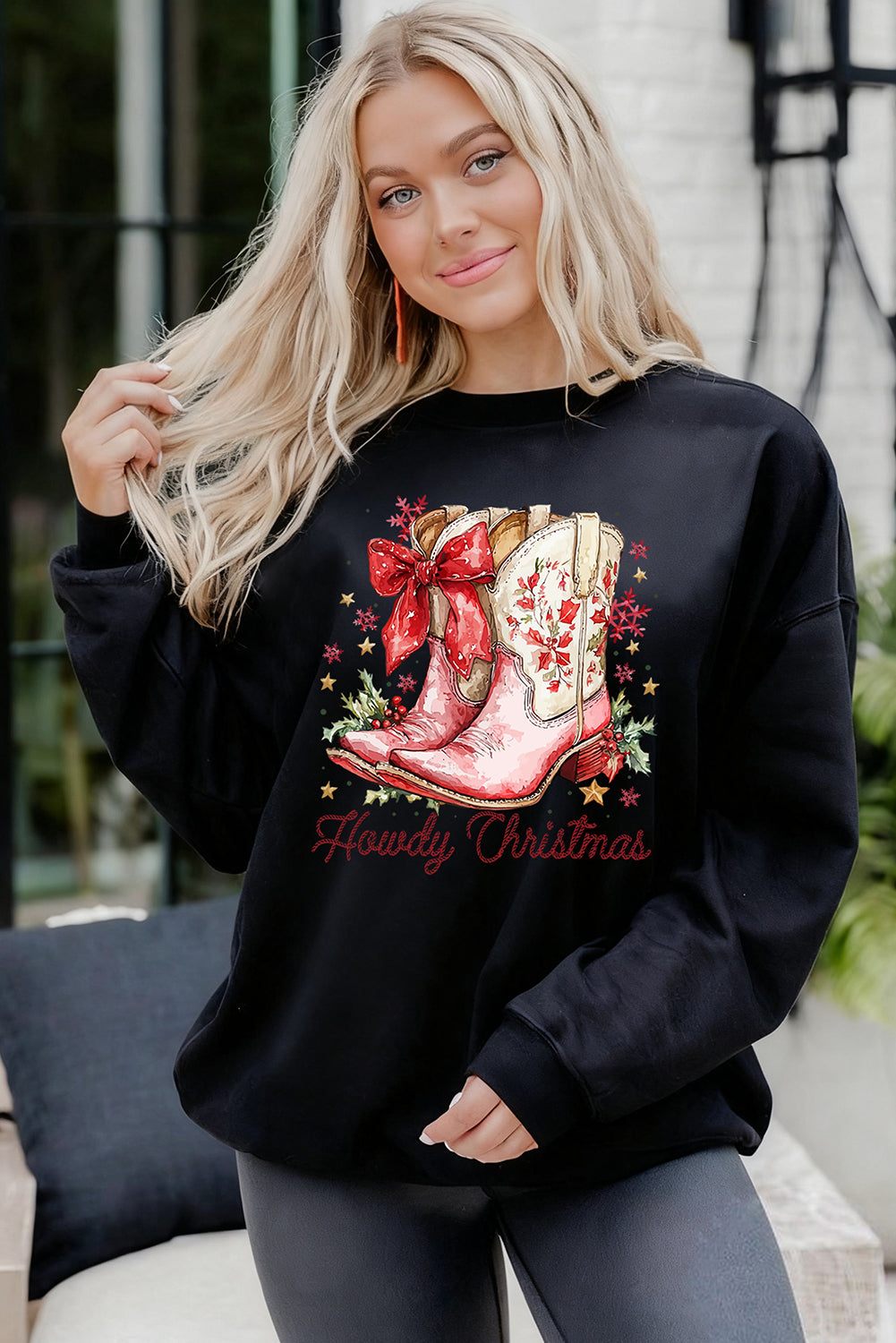 Black Howdy Christmas Boots Heat Transfer Printing Baggy Sweatshirt