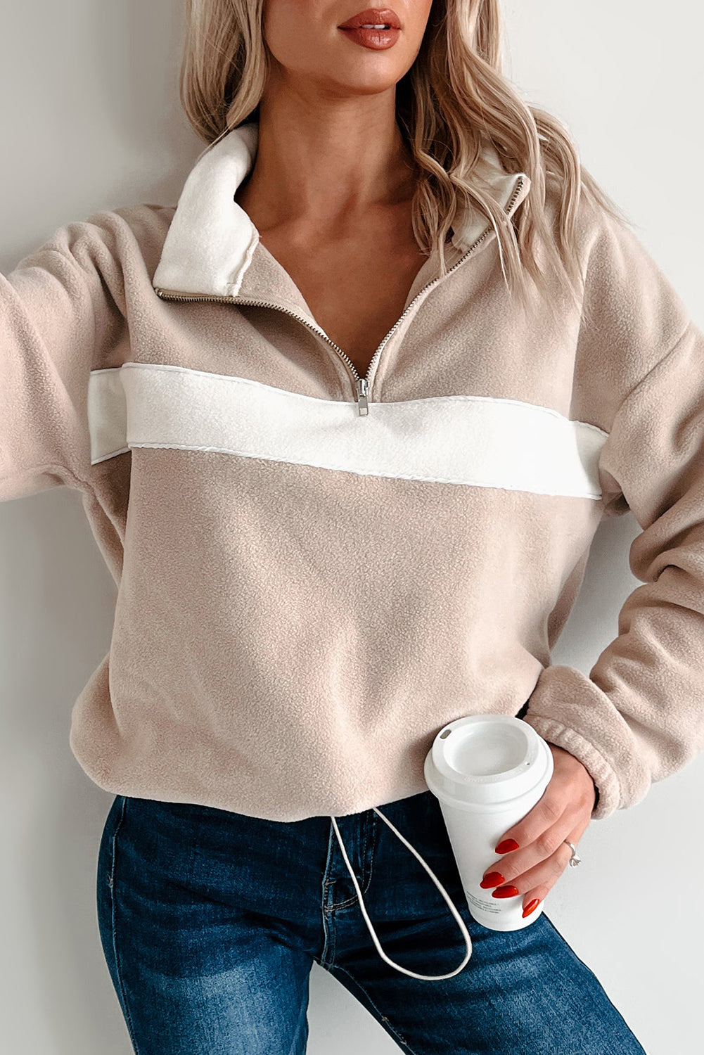 Parchment Fleece Colorblock Patchwork Zipped Collar Pullover Sweatshirt