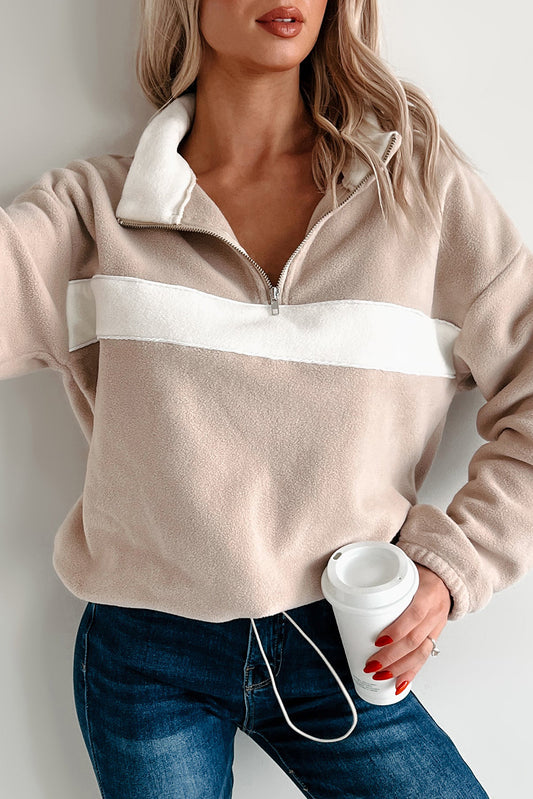 Parchment Fleece Colorblock Patchwork Zipped Collar Pullover Sweatshirt