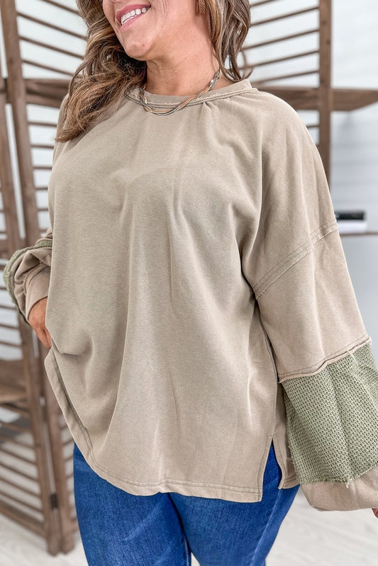 Laurel Green Exposed Seam Texture Patchwork Plus Size Drop Shoulder Pullover