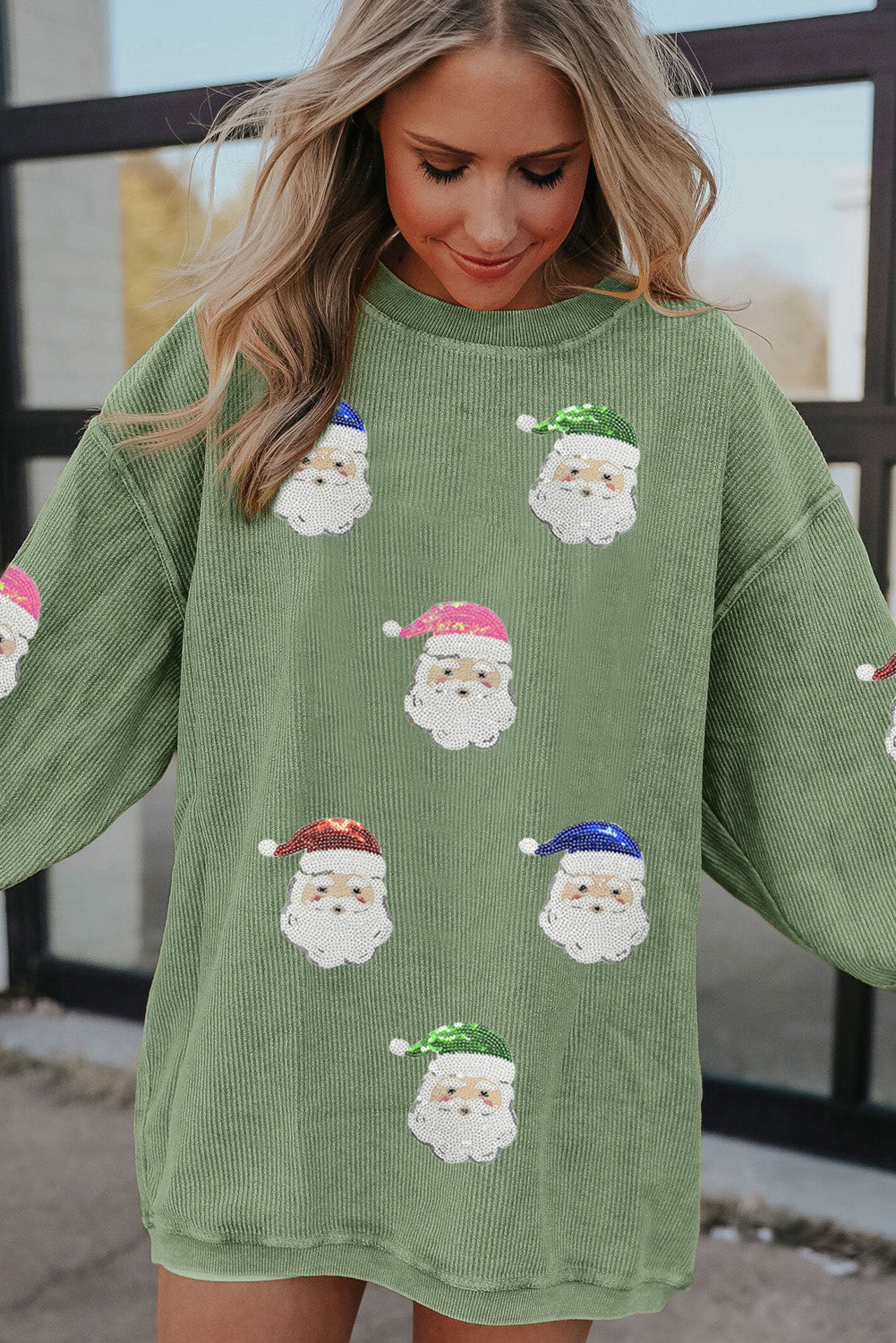 Grass Green Corded Ribbed Santa Claus Graphic Sequins Patch Sweatshirt