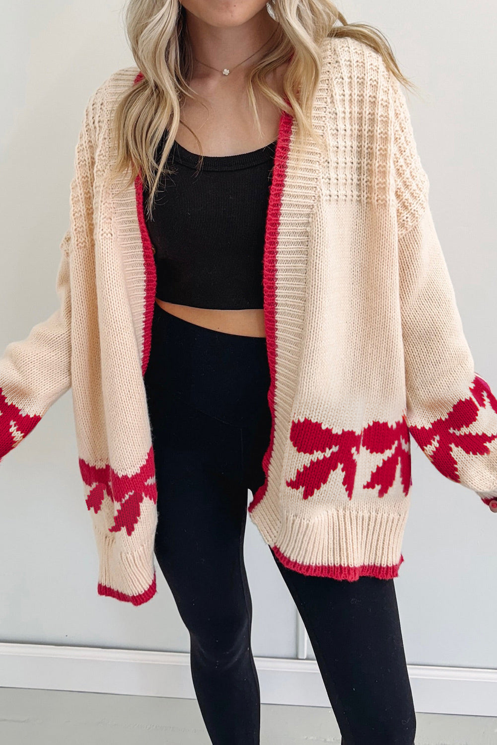 Apricot Bow Pattern Textured Open Front Baggy Cardigan