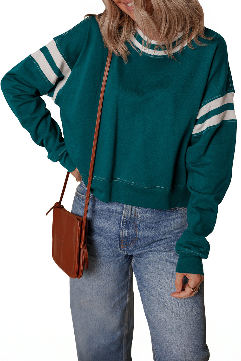 Blackish Green Contrast Striped Patchwork Drop Shoulder Sweatshirt