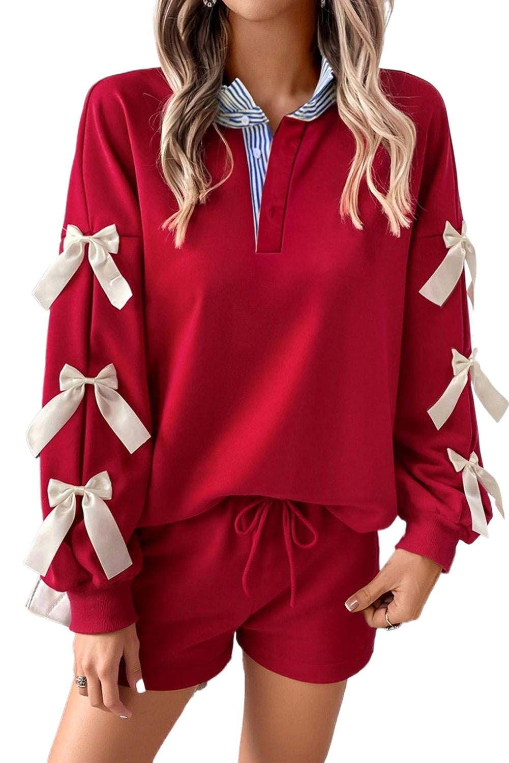 Racing Red Striped Collar Knot Sleeve Sweatshirt and Shorts Set