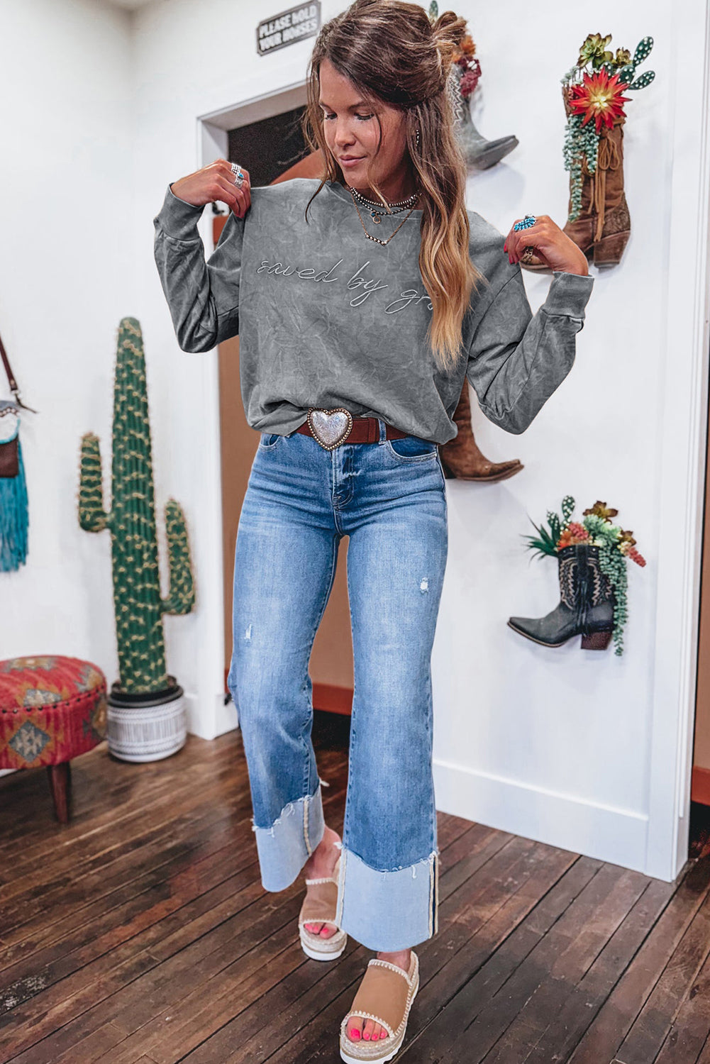 Saved by grace Letter Embroidery Mineral Wash Loose Sweatshirt