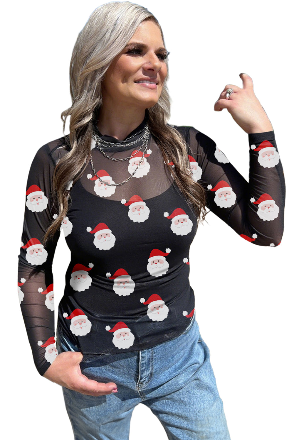 Black Christmas Santa Claus Slim Fit Mesh Long Sleeve Top