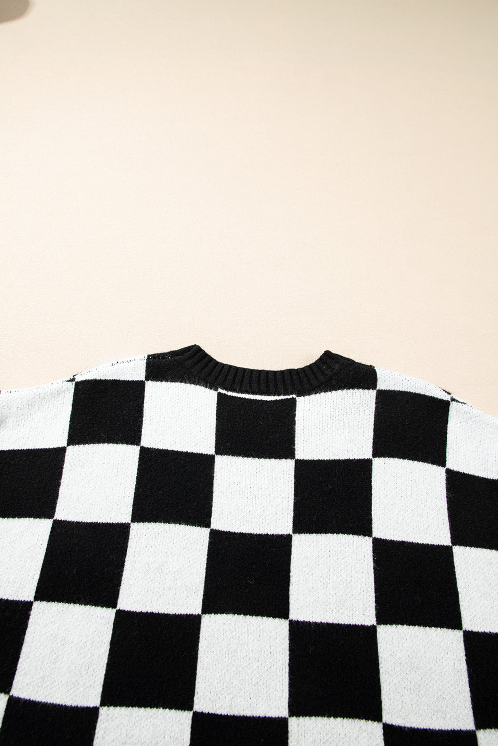 Light French Beige Checkered Knit Dolman Short Sleeve Sweater