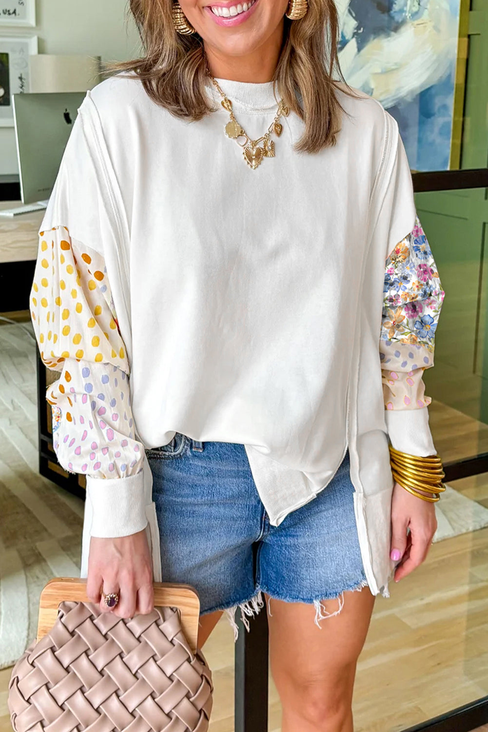 White Floral Dotted Print Patchwork Sleeve High Low Sweatshirt